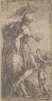 Roman Mythology Portraits Prints: Mars standing at the left leaning on a shield, Cupid at the right, ca. 1542-46