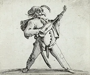Jacques Callot Etching Prints: A Mashed Actor Playing the Guitar, 1616. Creator: Jacques Callot