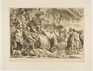 Flanders Heritage Images Prints: The Master Pulls the Cow Out of the Ditch by its Tail, 1652. Creator: Jacob Jordaens