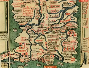 Prints of Many place-names are still recognisable today. The word Auster, written over the English Channel at the bottom, refers to wind bringing heavy cloud cover and fog Map Prints: Matthew Paris Map of Great Britain, c. 1250 (1944) Print