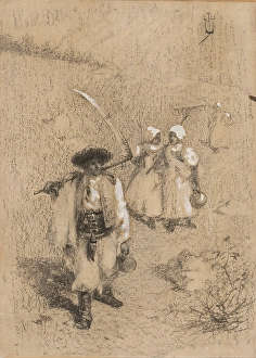 Black And White Heritage Art Prints: From the meadows - study for a painting, after 1900. Creator: Joza Uprka