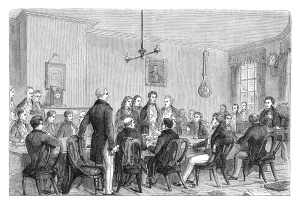 A meeting of the Anti-Corn Law League in Newalls Building, Manchester, 1838 (c1895) A meeting of the Anti-Corn Law League in Newalls Building, Manchester, 1838 (c1895)