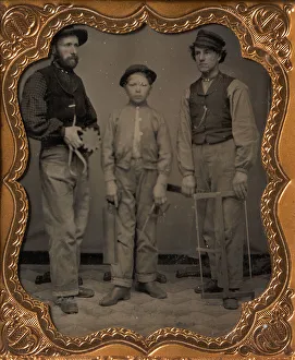 Two Men and a Boy with Woodworking Tools, 1860s Print