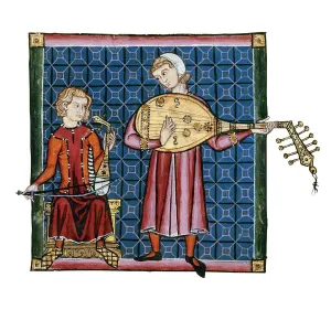 Two minstrels. Illustration from the codex of the Cantigas de Santa Maria, c. 1280. Artist: Anonymous Two minstrels. Illustration from the codex of the Cantigas de Santa Maria, c. 1280. Artist: Anonymous
