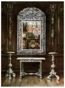 Mirror, gueridons, and table overlaid with silver plaques, 1910.Artist: Edwin Foley Mirror, gueridons, and table overlaid with silver plaques, 1910.Artist: Edwin Foley
