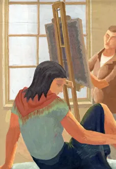 British Illustrator Women Prints: Model and student in drawing class, c1950. Creator: Shirley Markham