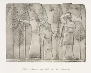 Victorian Era Lithograph Prints: Monuments of Ninevah: Plate 32, Huntsmen with Gazelle, Hare and Birds (Khorsabad), 1853