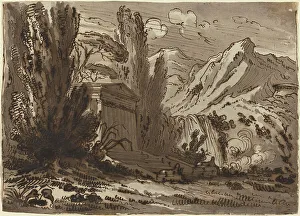 Antique Italian Art Prints: Mountainous Landscape with Classical Temple. Creator: Felice Giani