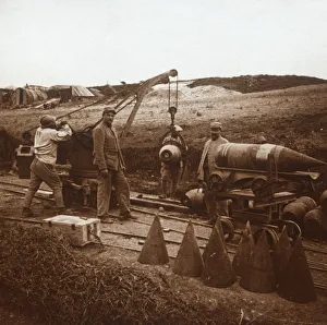 World War One Shells Prints: Moving shells with crane, Genicourt, northern France, c1914-c1918