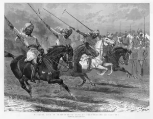Images Dated 2010 October: Native cavalry tent-pegging in sections, India, 1890 Print