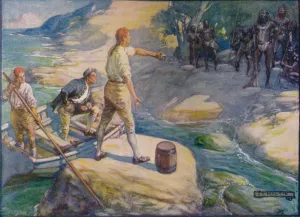 Rowing Boat Transportation Prints: Natives Gathered Round Them, c1908, (c1920). Artist: Joseph Ratcliffe Skelton