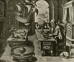 Prints of A Navigating Expert at Work in His Study with Globe and Compass, c1591, (1928). After The Invention of the Compass, an engraving after Joannes Stradanus Images Dated 2019 January: Navigating Expert at Work, c1591 Print