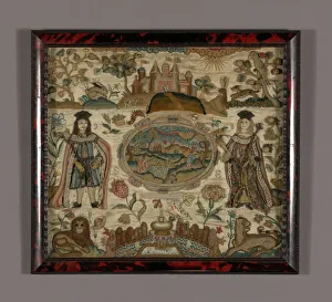 Needlework Print, England, 1698: Royal Scene with Wildlife