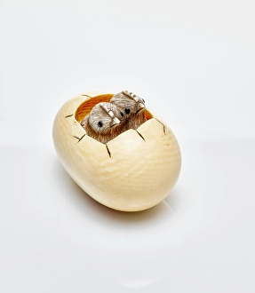 Netsuke Print: Two Chicks Hatching from Egg, 19th Century