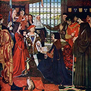 HenryVIII Prints: Print of a scene depicting Erasmus and Thomas More visiting children at Greenwich in 1499