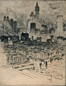Brooklyn Bridge New York Prints: New York From Brooklyn Bridge, c1908. Artist: Joseph Pennell