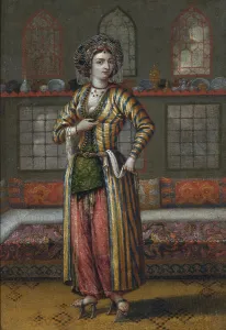 A noble lady of Constantinople wearing Hammam shoes. Artist: Vanmour (Van Mour), Jean-Baptiste, (School) A noble lady of Constantinople wearing Hammam shoes. Artist: Vanmour (Van Mour), Jean-Baptiste, (School)