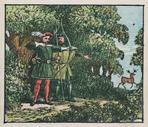 Prints of Nottingham, c1910. Robin Hood in the Forest of Sherwood. He was famous from 1189 to 1247. Manufactory of Hosiery, Lace and Woollen Goods. Population, 259, 900 Nottingham Prints: Nottingham Print, c1910: Robin Hood in Sherwood Forest