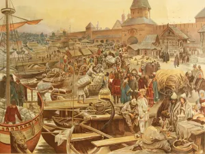Novgorod Harbor, 1907. Artist: Lebedev, Klavdi Vasilyevich (1852-1916) Novgorod Harbor, 1907. Artist: Lebedev, Klavdi Vasilyevich (1852-1916)