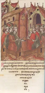 Novgorod veche. The Lamentation over Prince Mstislav Mstislavich. (From the Illuminated Compiled Chr Artist: Anonymous) Novgorod veche. The Lamentation over Prince Mstislav Mstislavich. (From the Illuminated Compiled Chr Artist: Anonymous)