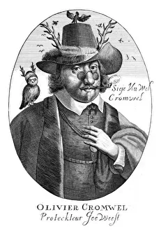 Oliver Cromwell Print - Portrait of English leader with owl and foliage
