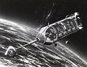 Black And White Space Art Prints: Orbit and Launch Facility Concept. Creator: NASA