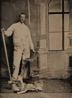 Black And White Photographer Prints: [Painter, Standing in Front of a Painted Window Backdrop, with Brushes, Bucket, and P