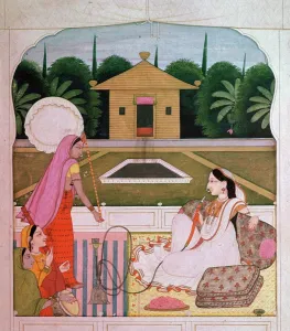 Painting of a princess listening to female musicians Painting of a princess listening to female musicians