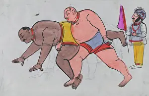 Watercolour Pencil Drawings Prints: A pair a wrestlers with referee. Creator: Unknown
