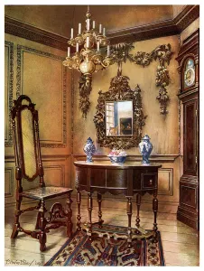 Panelling, mirror frame, walnut table and chair, Charles Wesleys walnut high case clock Panelling, mirror frame, walnut table and chair, Charles Wesleys walnut high case clock