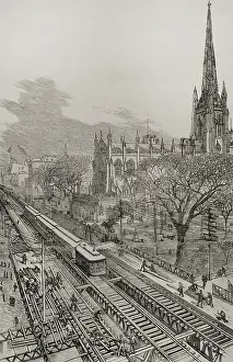 Prints of Panoramic view of the new elevated railway, Gilbert system, taken from New Church Street, New York, 1878. From 'La Ilustración Española y Americana', 1878 Rufus Prints: Print of Elevated Railway Panorama, New York 1878
