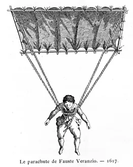The Parachute of Fauste Veranzio, 1617, (1887). Artist: Gaston Tissandier The Parachute of Fauste Veranzio, 1617, (1887). Artist: Gaston Tissandier