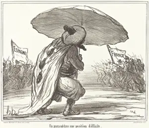 Black And White Caricature Prints: Un parasol dans une position difficile, 1859. Creator: Honore Daumier