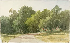 Park landscape print with deciduous trees and sandy path