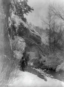 Native American Horses Prints: Passing the cliff-Apsaroke, c1908. Creator: Edward Sheriff Curtis