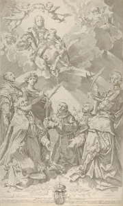 Patron saints of Bologna looking upwards at the Virgin who is seated in the clouds with Patron saints of Bologna looking upwards at the Virgin who is seated in the clouds with