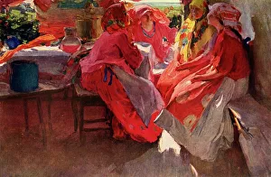 Prints of Paying a Visit, 1915, (1939). A group of village women in brightly-coloured clothes and scarves, chatting in a sunlit room Russia Prints: Abram Arkhipov's 'Paying a Visit' Print, 1939