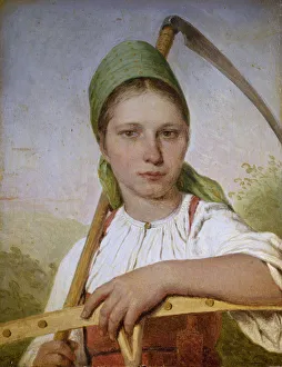 Peasant woman with a scythe and rake, before 1825. Artist: Venetsianov Peasant woman with a scythe and rake, before 1825. Artist: Venetsianov