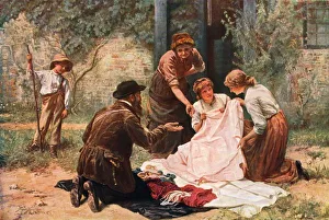 Colour Print of Women Inspecting a Pedlar's Wares
