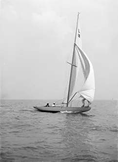 Black And White Sailing Pictures Prints: Peterkin running downwind with spinnaker, 1914. Creator: Kirk & Sons of Cowes