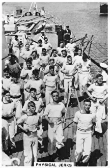 Black And White Naval Warfare Prints: Physical jerks; exercise on board HMS Devonshire, 1937