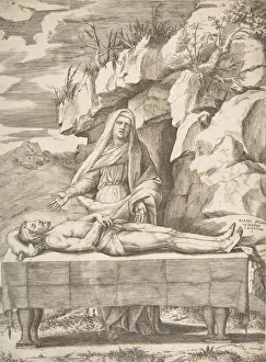 Pieta, Christ stretched out on a table in a landscape, the Virgin standing behind arms Pieta, Christ stretched out on a table in a landscape, the Virgin standing behind arms