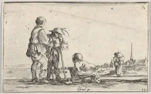 Plate 13: two peasants standing to left, a cripple kneeling on the ground in center, a Plate 13: two peasants standing to left, a cripple kneeling on the ground in center, a