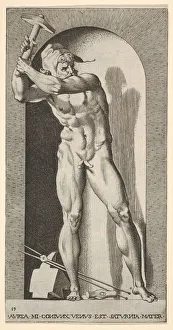 Plate 19: Vulcan standing in a niche swinging a hammer, with an anvil, hammer Plate 19: Vulcan standing in a niche swinging a hammer, with an anvil, hammer