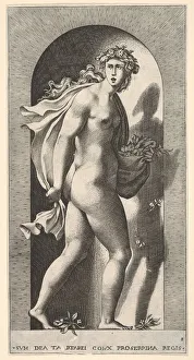 Plate 8: Prosperpina, standing in a niche, turning to the right while holding mantle in Plate 8: Prosperpina, standing in a niche, turning to the right while holding mantle in