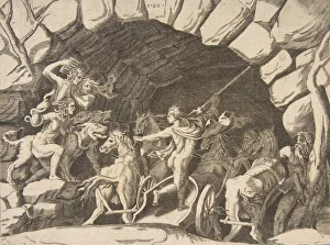 Renaissance Mythology Prints: Pluto riding a chariot descending into Hell, from the Division of the Universe, 1531-76