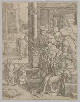 Poet Virgil Suspended in a Basket, 1525. Creator: Lucas van Leyden Poet Virgil Suspended in a Basket, 1525. Creator: Lucas van Leyden