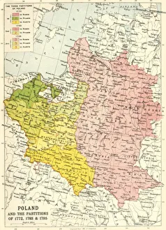 Prints of Poland and the Partitions of 1772, 1793 and 1795, (c1920). Map showing how territory in Europe was divided between the empires of Russia, Prussia and Austria in the 18th century Map Prints: Poland and the Partitions of 1772, 1793 & 1795 Print (c1920)