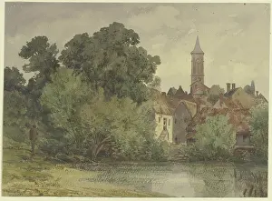 Prints of Pond, behind it the houses of a village with a church steeple, 19th century Peter Burnitz Prints: Pond Landscape Print with Village Houses and Church Steeple