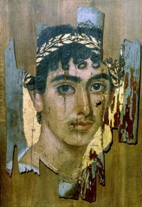 Portrait of a youth in a gold wreath, Fayum mummy portrait, Romano-Egyptian Portrait of a youth in a gold wreath, Fayum mummy portrait, Romano-Egyptian